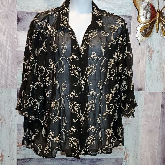 Maggie Barnes 2X Black Sheer Embroidered Beaded Blouse Plus Size Fashion - Picture 1 of 8